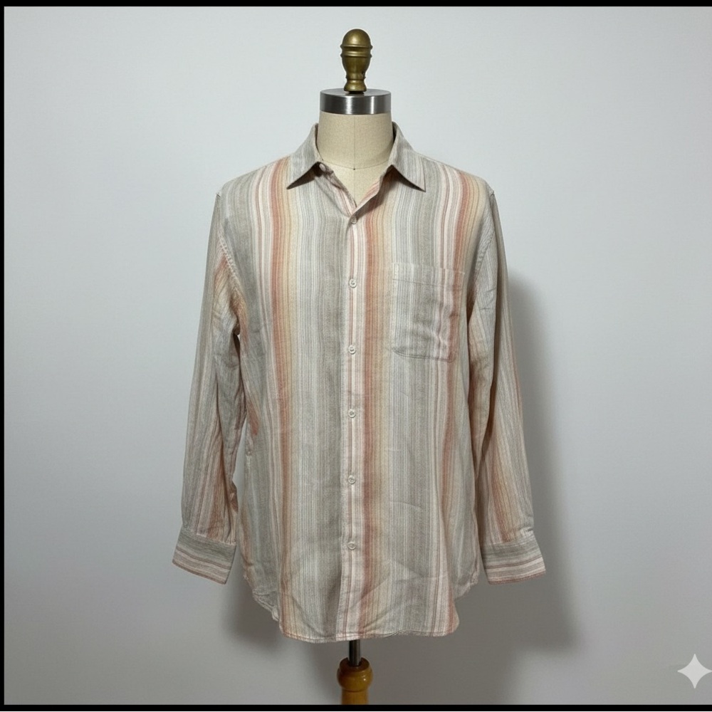 Linen Cotton Blend Caribbean Mens size large Long Sleeve Striped Button Down